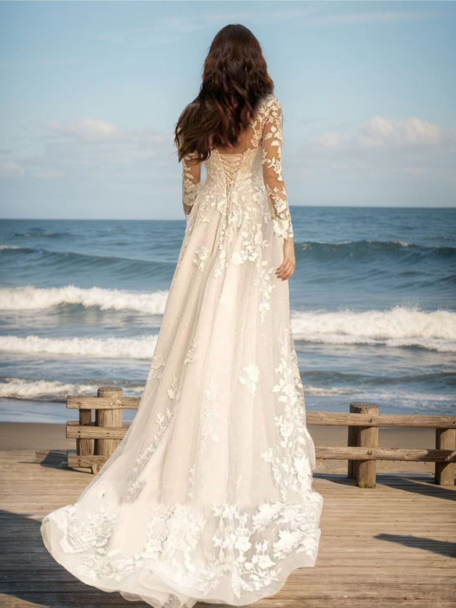 A-Line/Princess V-Neck Long Sleeves Lace Wedding Dresses