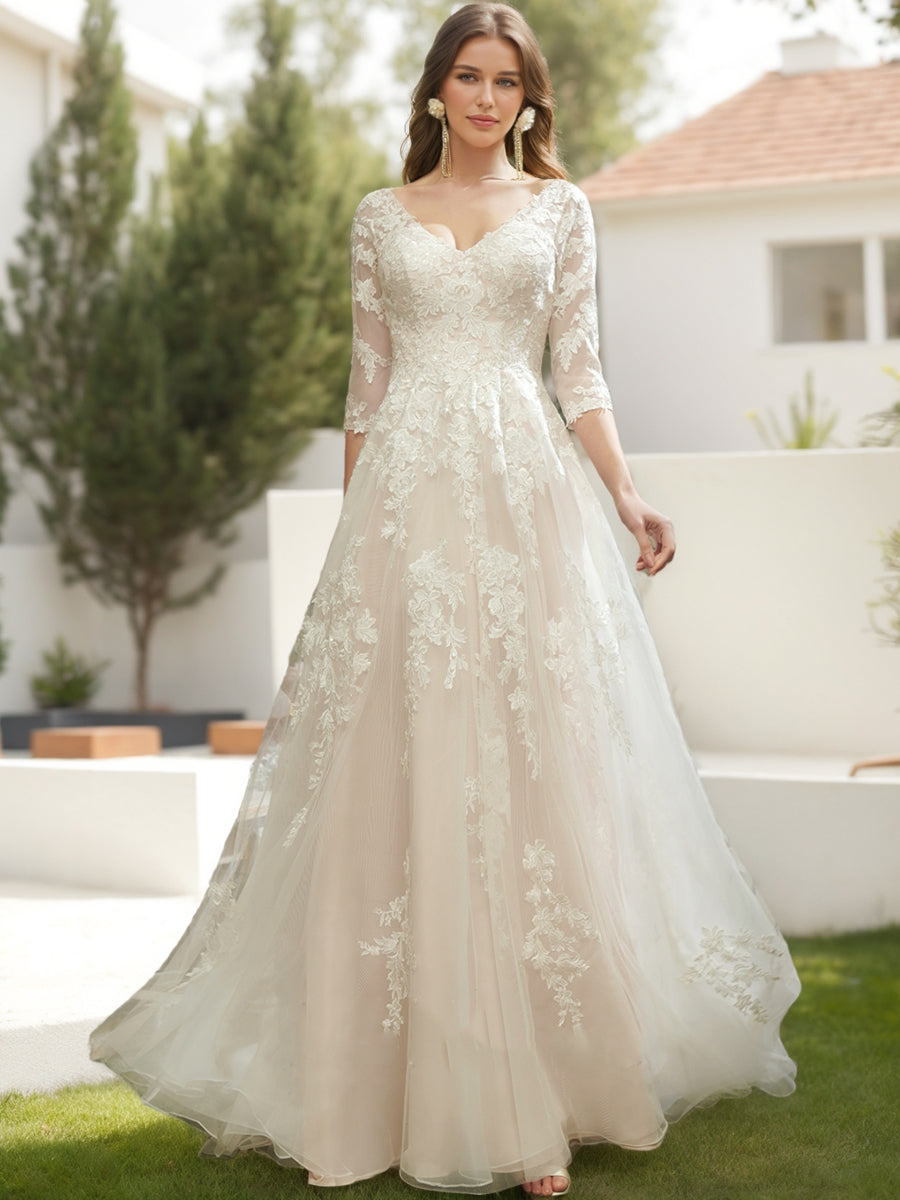 A-Line/Princess V-Neck 3/4 Sleeves Lace Wedding Dresses