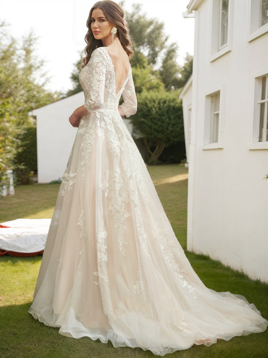 A-Line/Princess V-Neck 3/4 Sleeves Lace Wedding Dresses