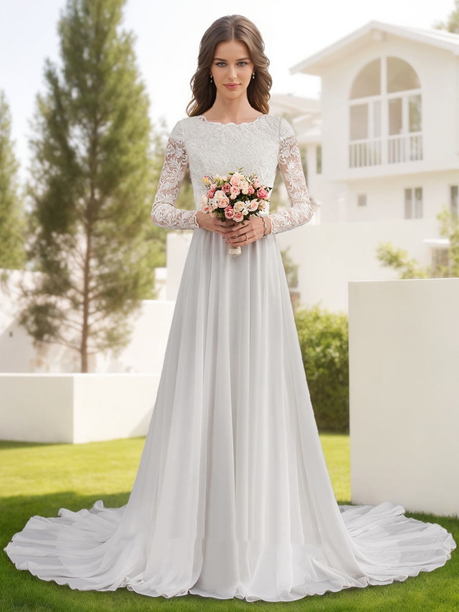 A-Line/Princess Scoop Long Sleeves Beading Wedding Dresses