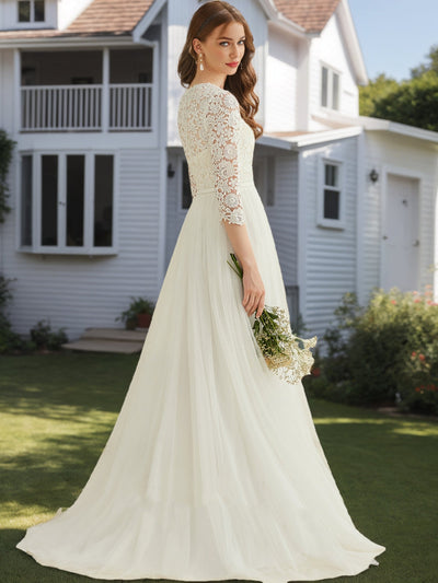 A-Line/Princess Scoop 3/4 Sleeves Lace Wedding Dresses