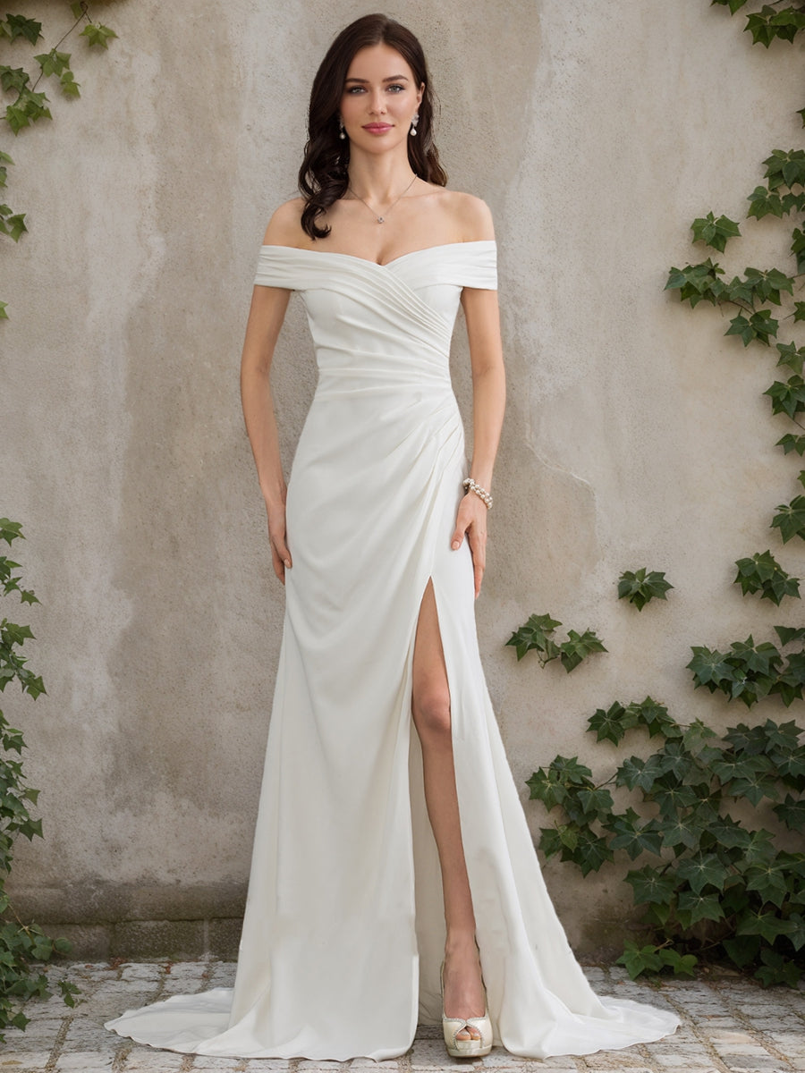 A-Line/Princess Off-the-Shoulder Short Sleeves Split Side Wedding Dresses