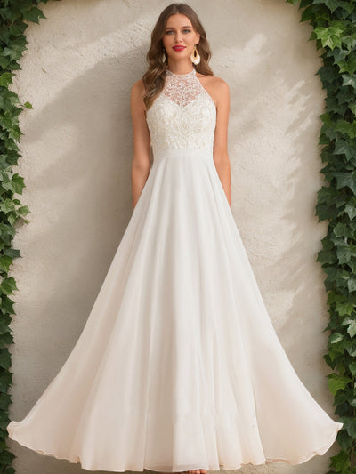 A-Line/Princess High Neck Sleeveless Sequins Wedding Dresses