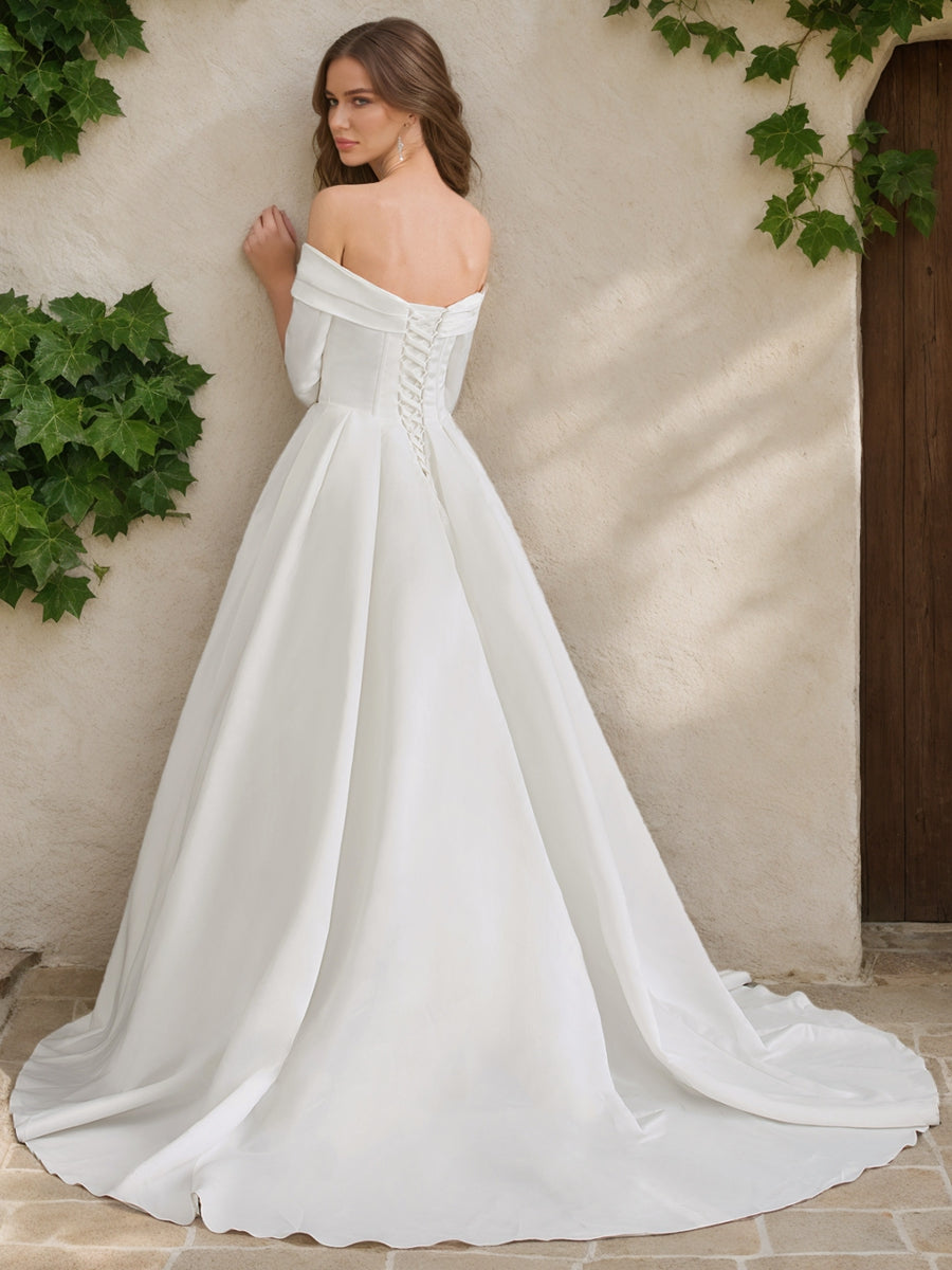 A-Line/Princess Off-the-Shoulder Half Sleeves Ruched Wedding Dresses