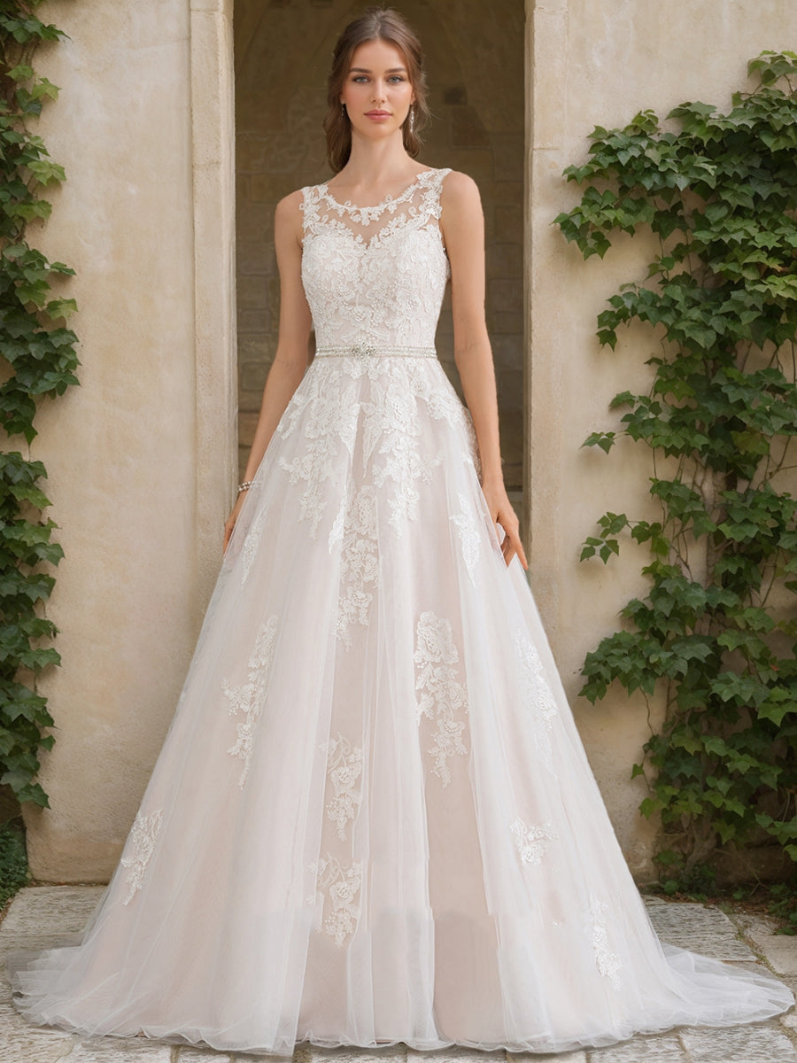 A-Line/Princess Scoop Sleeveless Beading Wedding Dresses