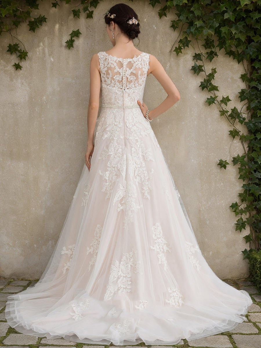 A-Line/Princess Scoop Sleeveless Beading Wedding Dresses