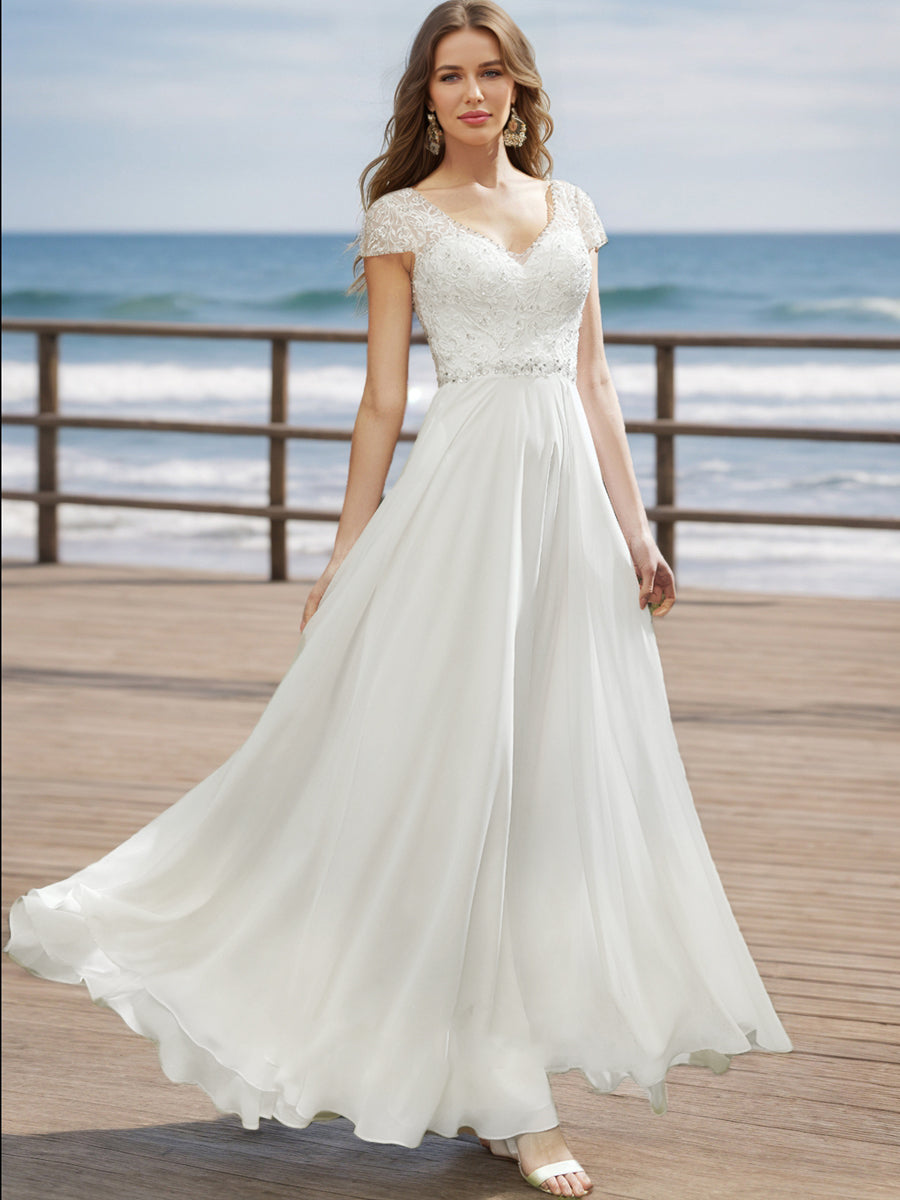 A-Line/Princess V-Neck Short Sleeves Beading Wedding Dresses