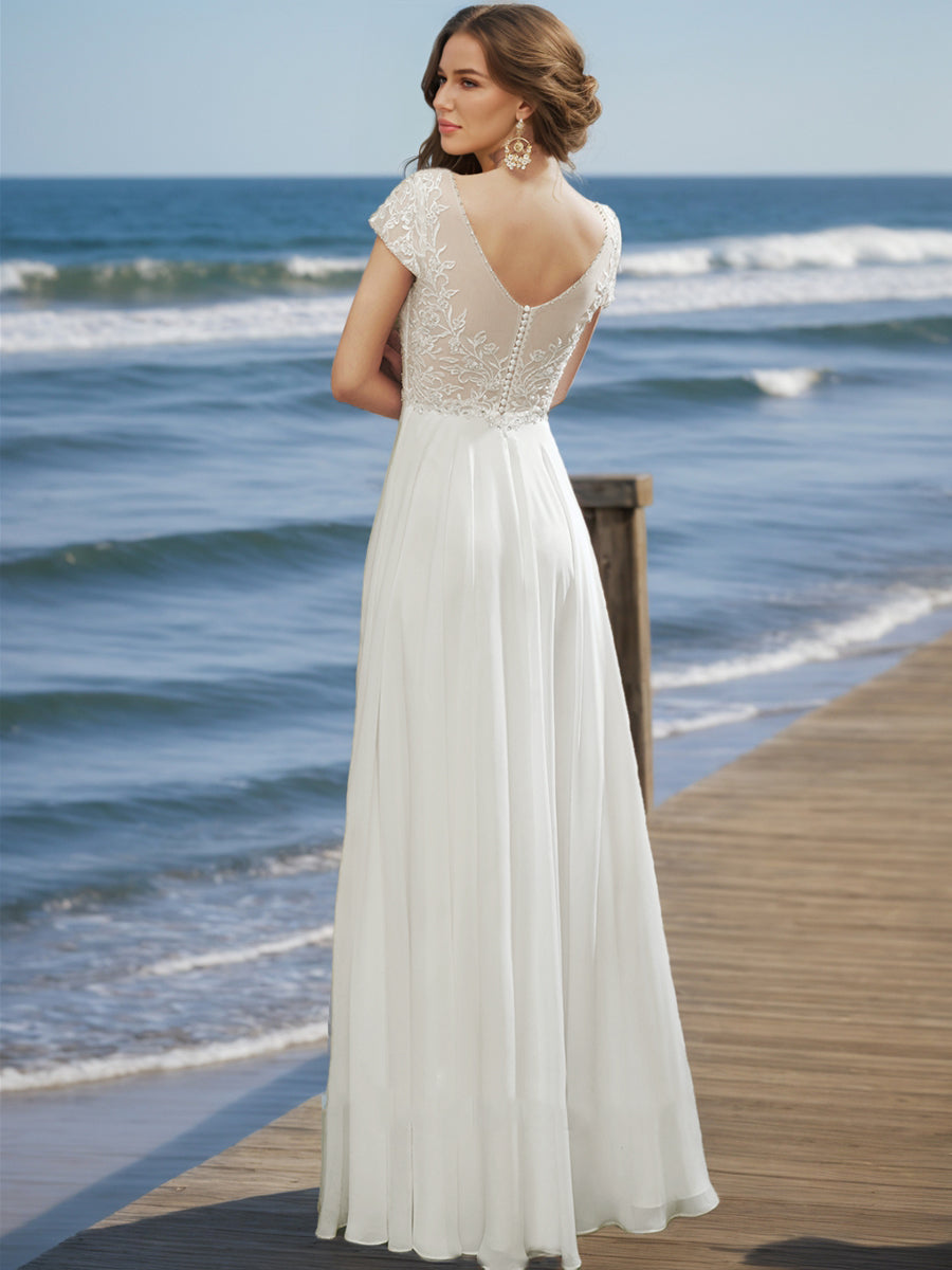 A-Line/Princess V-Neck Short Sleeves Beading Wedding Dresses