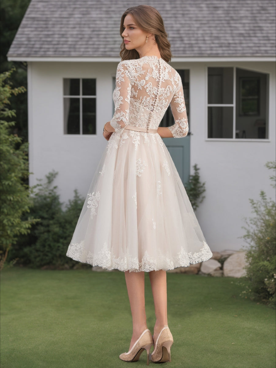 Ball Gown V-Neck Half Sleeves Sash Wedding Dresses