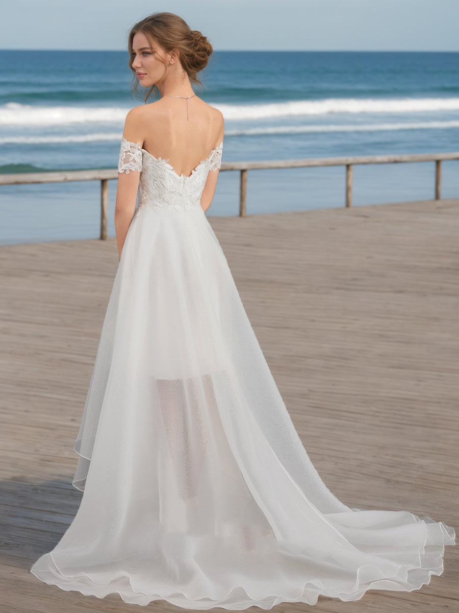 A-Line/Princess Off-the-Shoulder Short Sleeves Ruffles Wedding Dresses