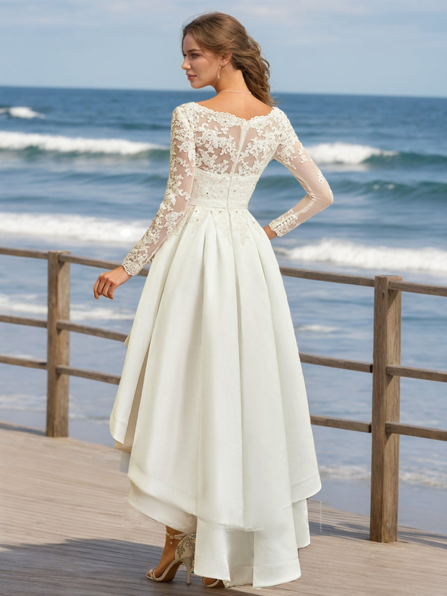 A-Line/Princess V-Neck Long Sleeves Rhinestone Wedding Dresses