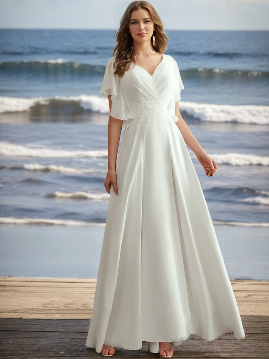 A-Line/Princess V-Neck Short Sleeves Applique Wedding Dresses