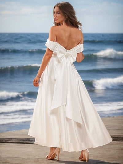 A-Line/Princess Off-the-Shoulder Short Sleeves Bow knot Wedding Dresses