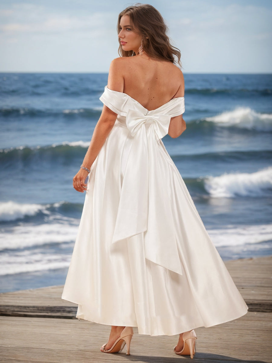 A-Line/Princess Off-the-Shoulder Short Sleeves Bow knot Wedding Dresses