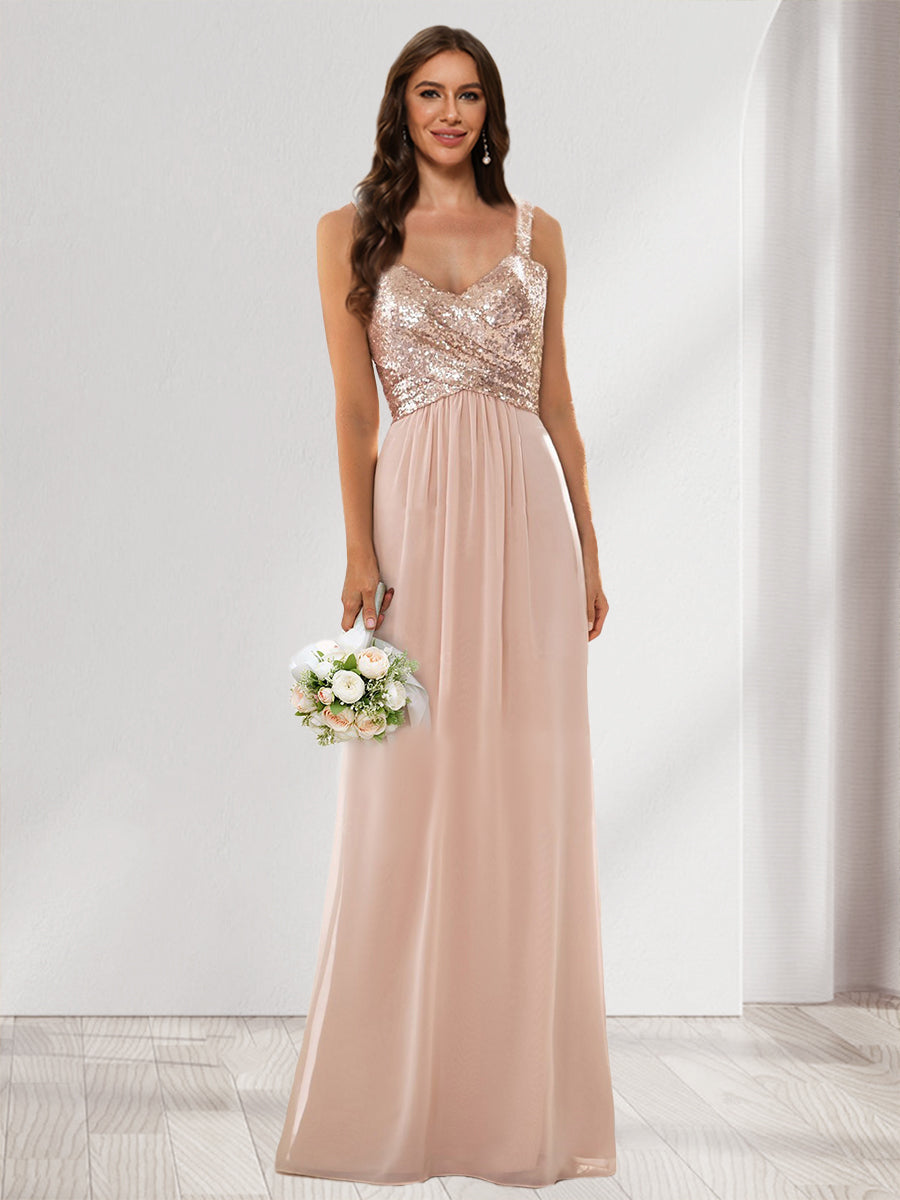 A-Line/Princess V-Neck Sleeveless Sequins Bridesmaid Dresses