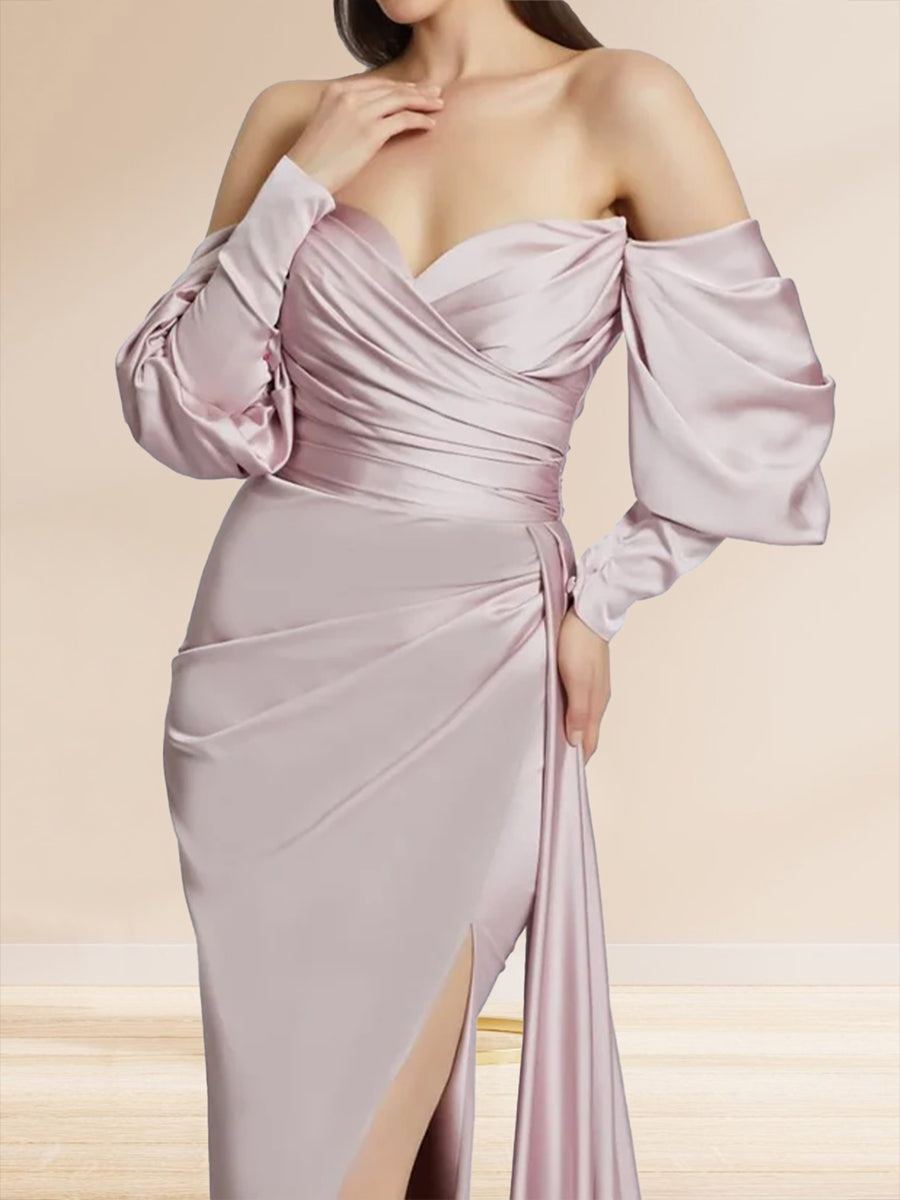 Sheath/Column Off-the-Shoulder Long Sleeves Split Side Bridesmaid Dresses