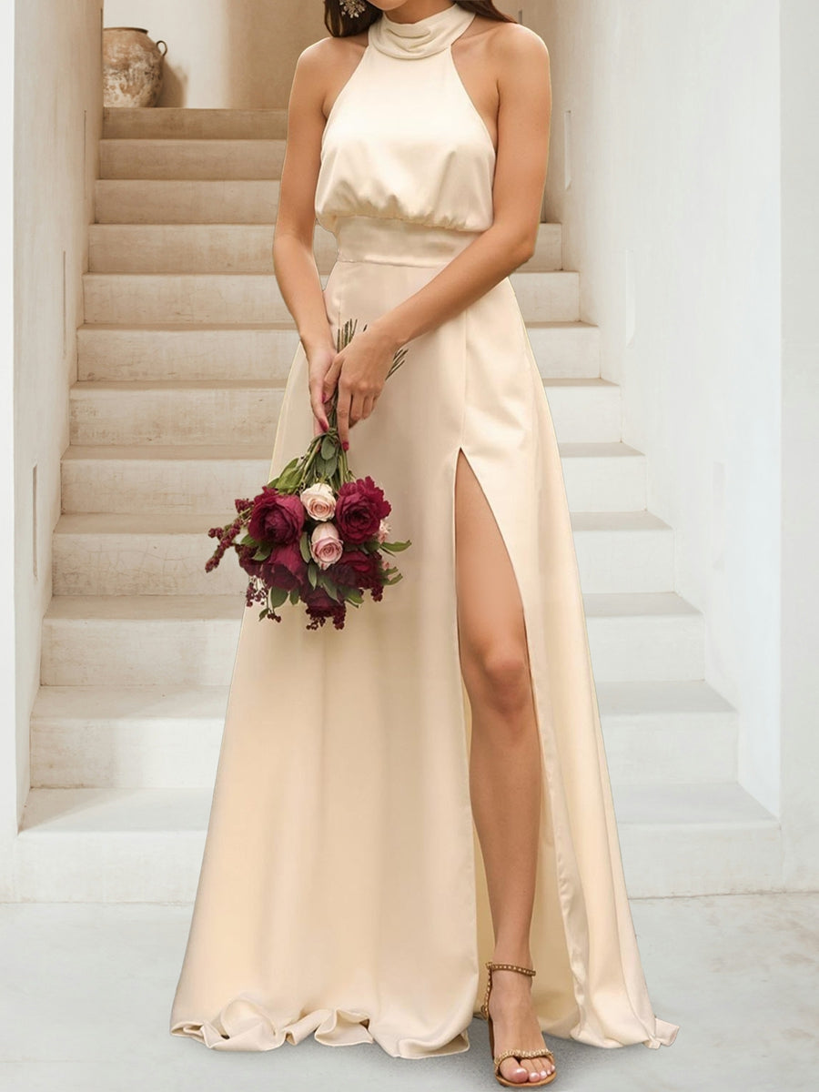 A-Line/Princess Halter Sleeveless Split Side Bridesmaid Dresses