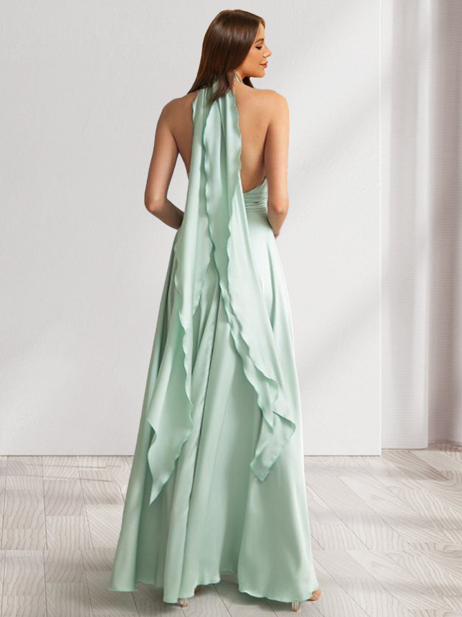 A-Line/Princess Halter Sleeveless Watteau Train Bridesmaid Dresses