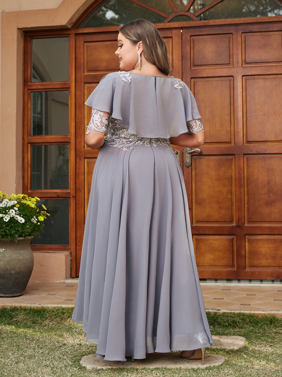 A-Line/Princess Sheer Neck Half Sleeves Long Plus Size Evening Dresses with Appliques