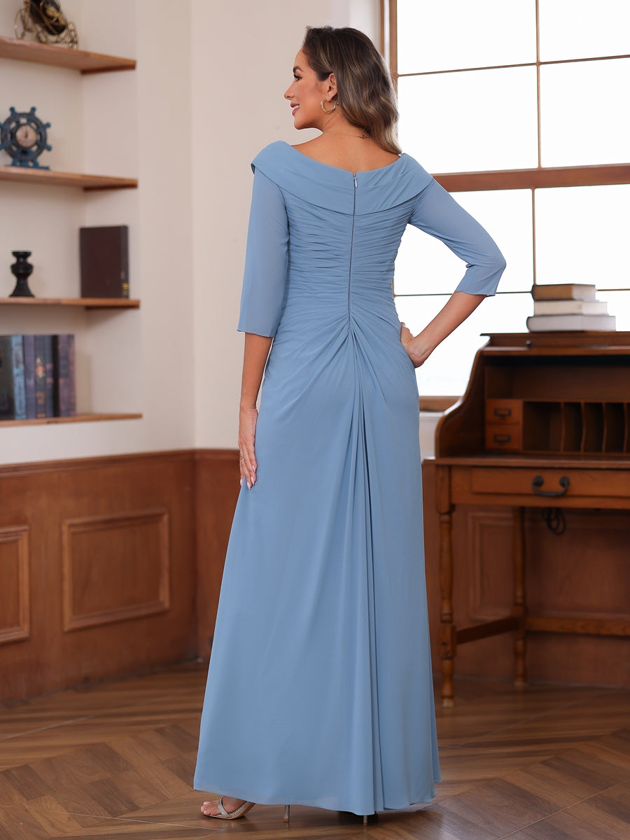 A-Line/Princess V-Neck 3/4 Sleeves Ruched Mother of the Bride Dresses with Ruffles