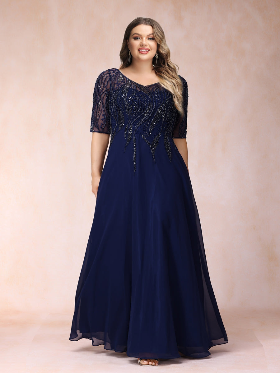 A-Line/Princess V-Neck Half Sleeves Long Formal Plus Size Evening Dresses with Beading