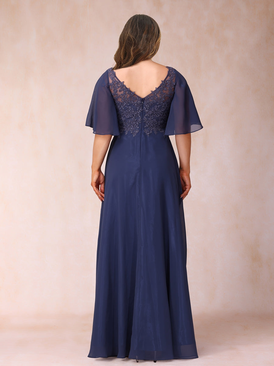 A-Line/Princess V-Neck Half Sleeves Long Formal Plus Size Evening Dresses with Beading & Appliques