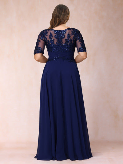 A-Line/Princess Sheer Neck Half Sleeves Long Formal Plus Size Evening Dresses with Sequins