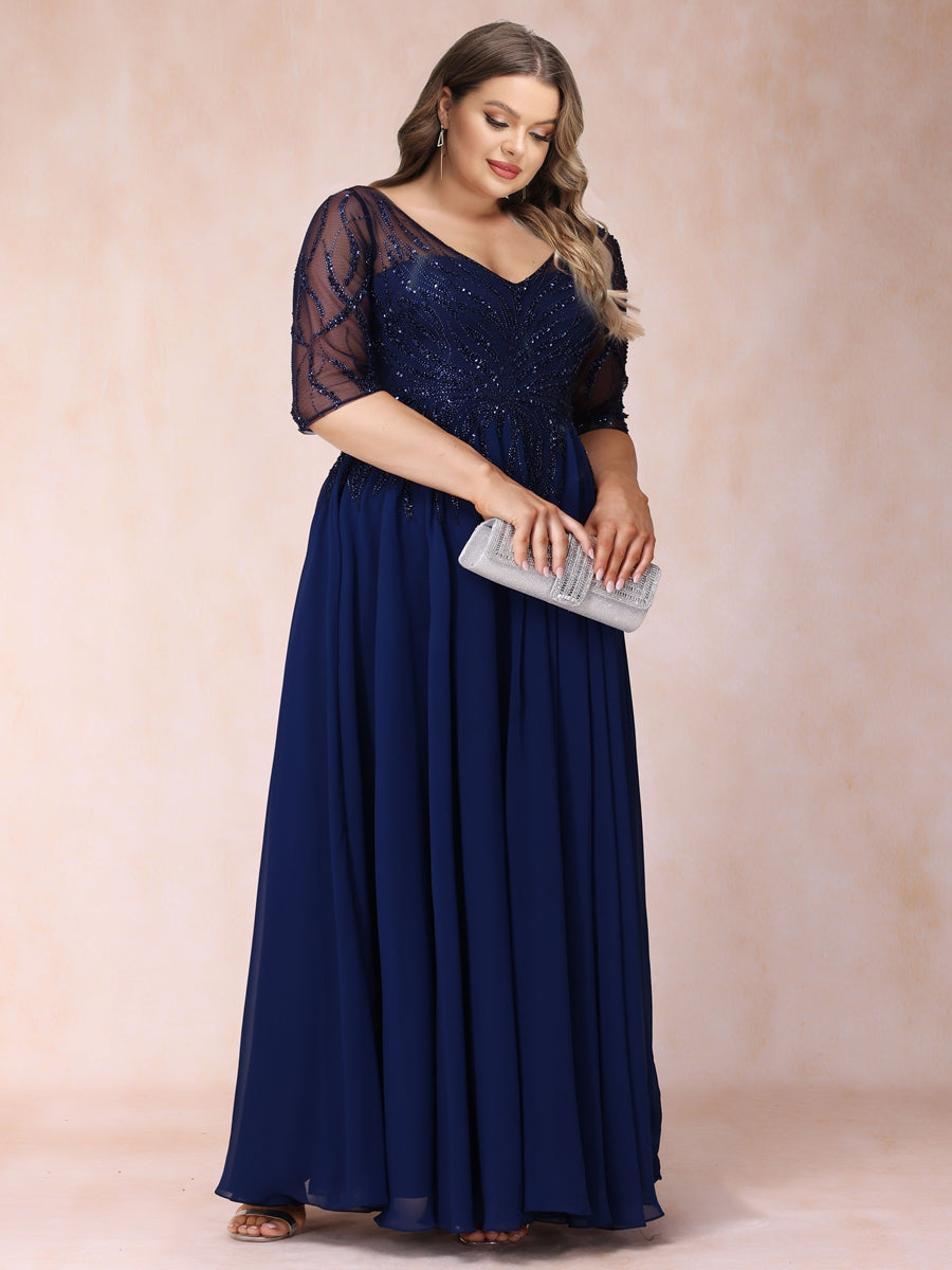 A-Line/Princess Sheer Neck Half Sleeves Long Formal Plus Size Evening Dresses with Beading & Sequins