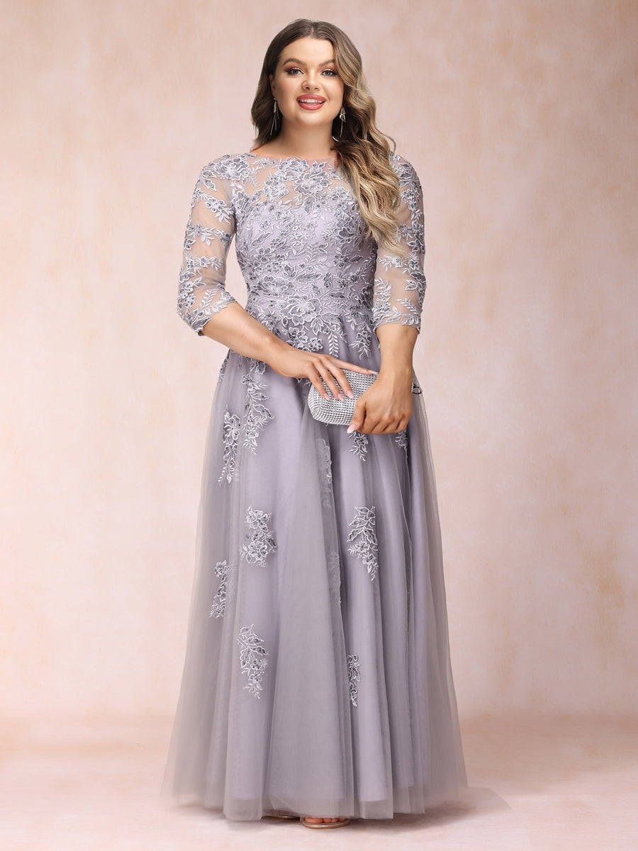 A-Line/Princess Sheer Neck Half Sleeves Long Formal Plus Size Evening Dresses with Beading & Appliques