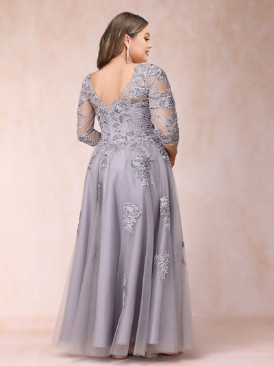 A-Line/Princess Sheer Neck Half Sleeves Long Formal Plus Size Evening Dresses with Beading & Appliques