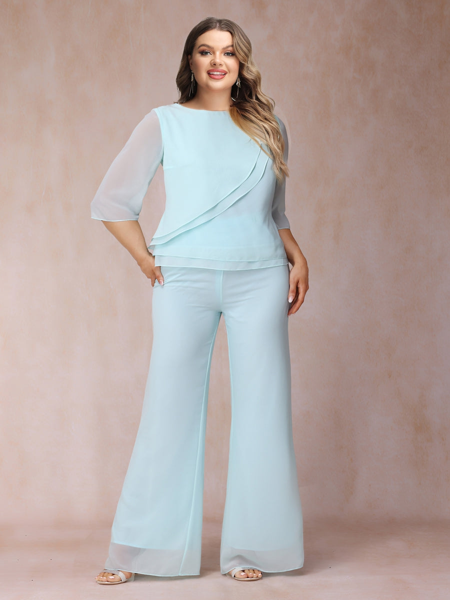 High Neck 3/4 Sleeves Formal Plus Size Jumpsuits for Women with Ruffles