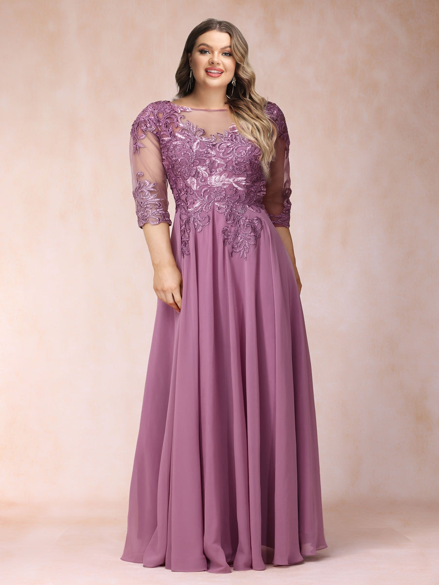 A-Line/Princess Sheer Neck 3/4 Sleeves Long Formal Plus Size Evening Dresses with Sequins & Appliques