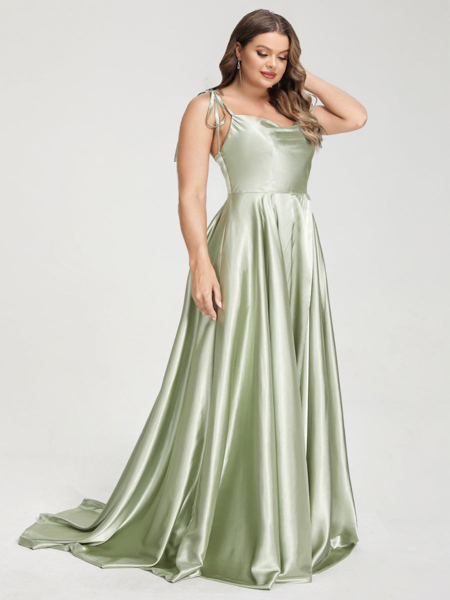 A-Line Spaghetti Straps Sleeveless Long Silk Like Satin Plus Size Bridesmaid Dresses