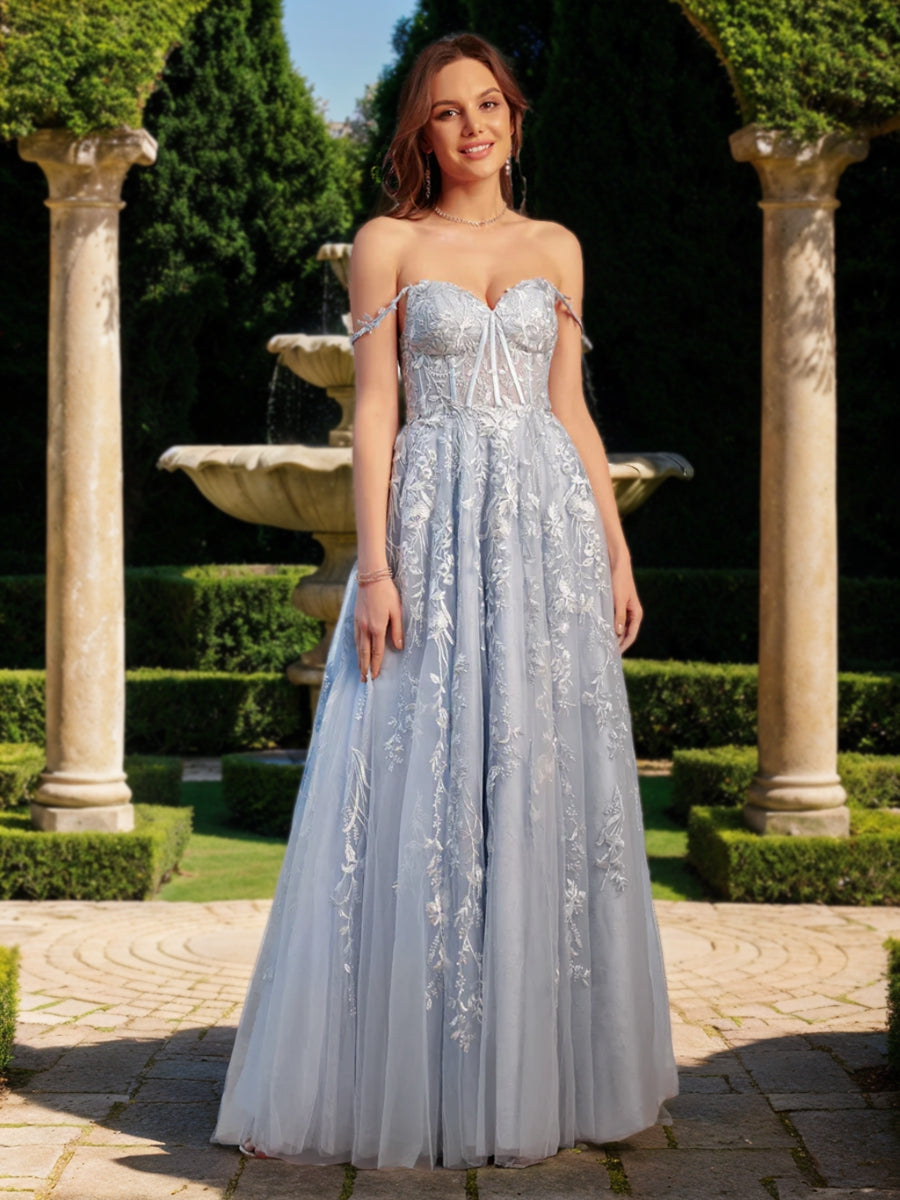 A-Line/Princess Sweetheart Applique Tulle Long Prom Dresses