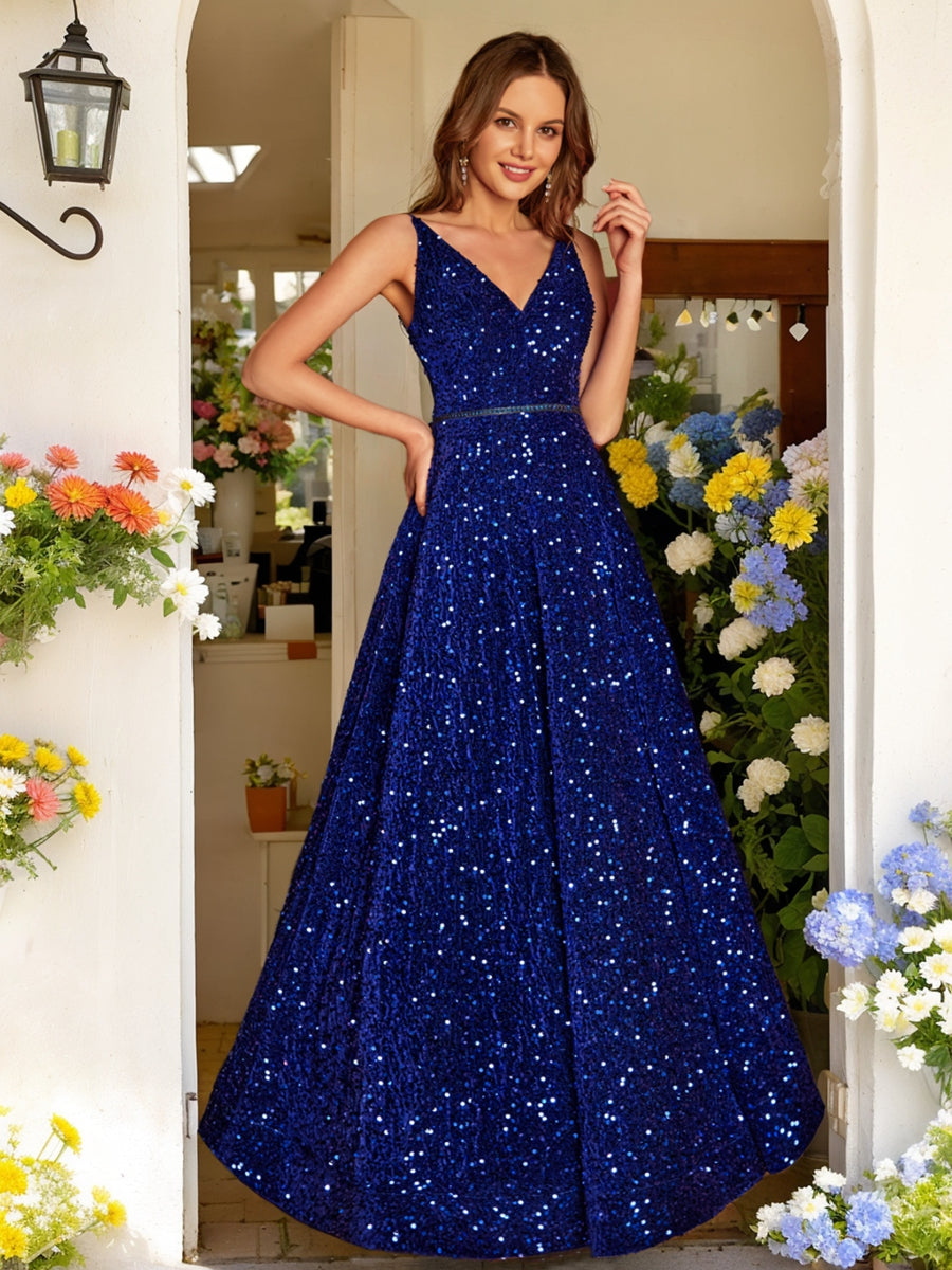 A-Line/Princess V-Neck Long Prom Dresses with Belt