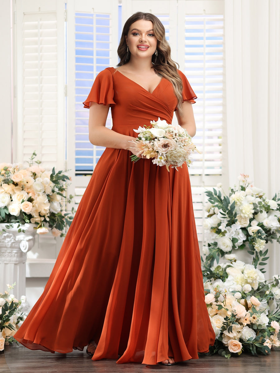 A-Line V-Neck Short Sleeves Split Side Ruched Chiffon Plus Size Bridesmaid Dresses