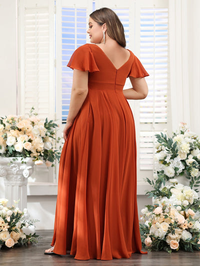 A-Line V-Neck Short Sleeves Split Side Ruched Chiffon Plus Size Bridesmaid Dresses