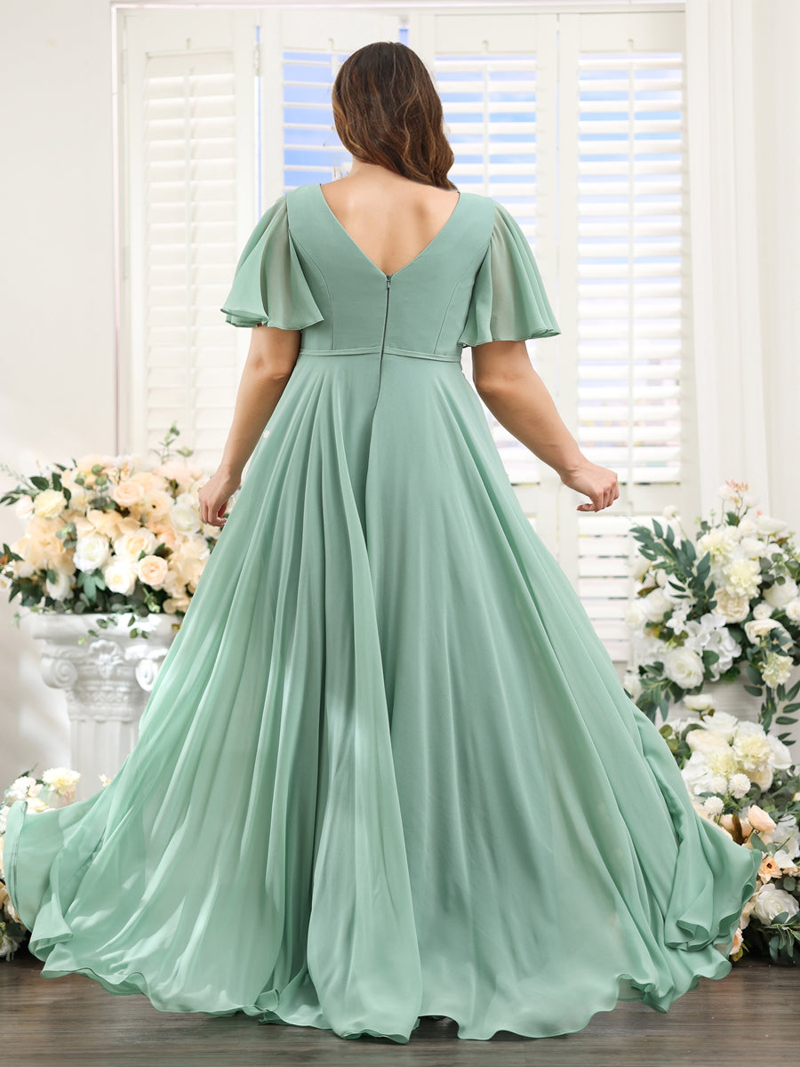 A-Line V-Neck Short Sleeves Split Side Ruffles Chiffon Plus Size Bridesmaid Dresses