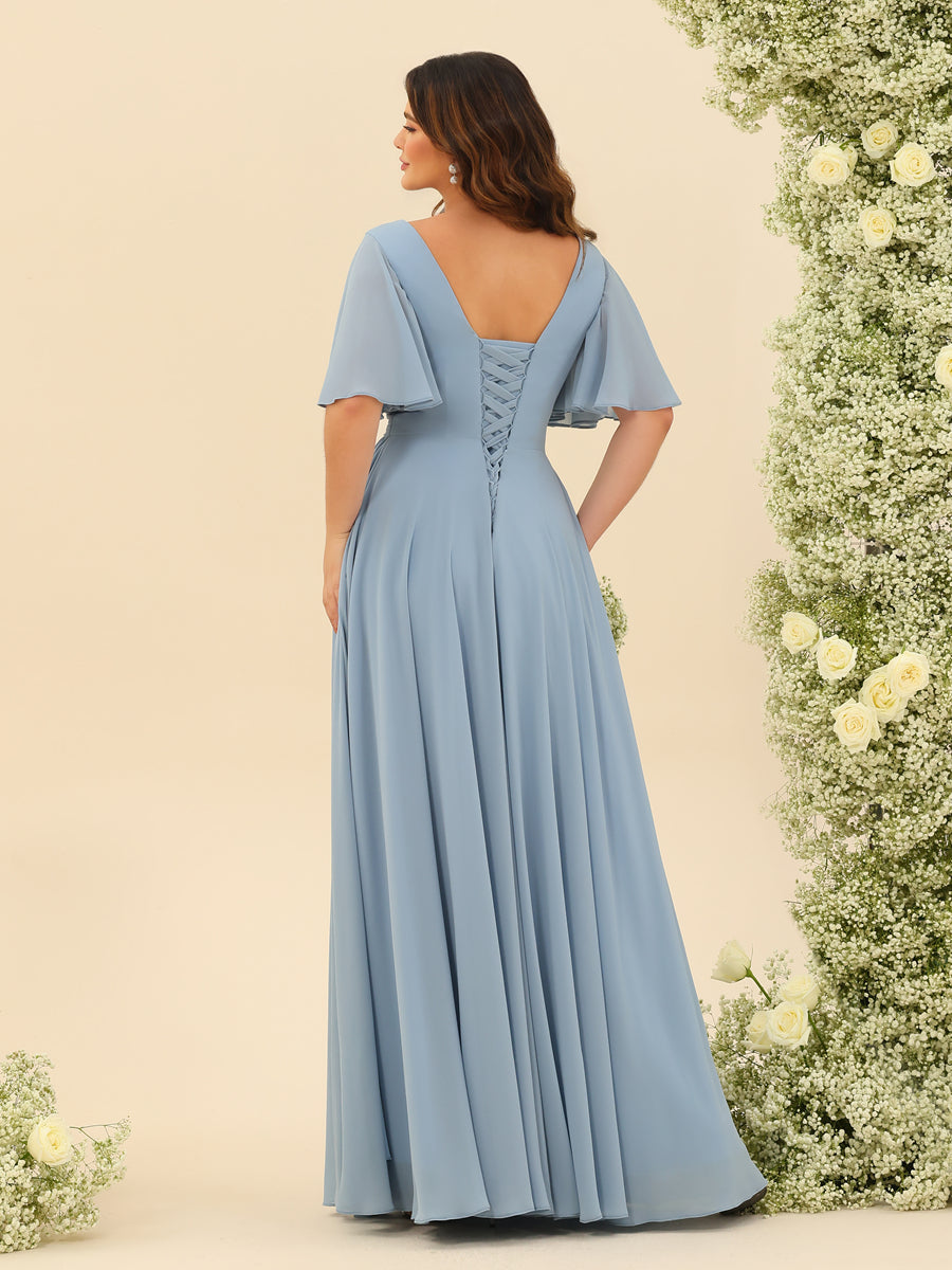 A-Line V-Neck Half Sleeves Plus Size Chiffon Bridesmaid Dresses With Split Side