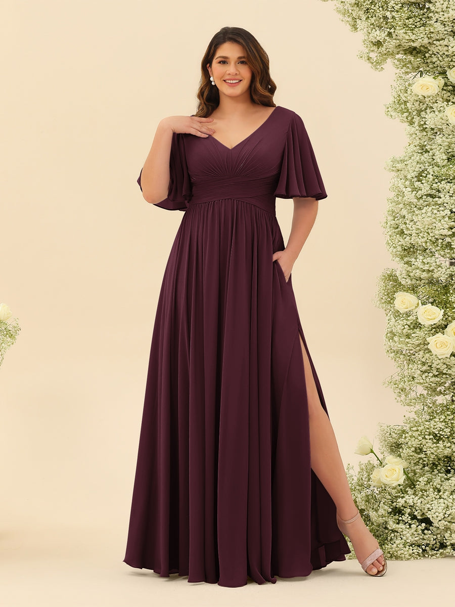 A-Line V-Neck Half Sleeves Plus Size Chiffon Bridesmaid Dresses With Split Side