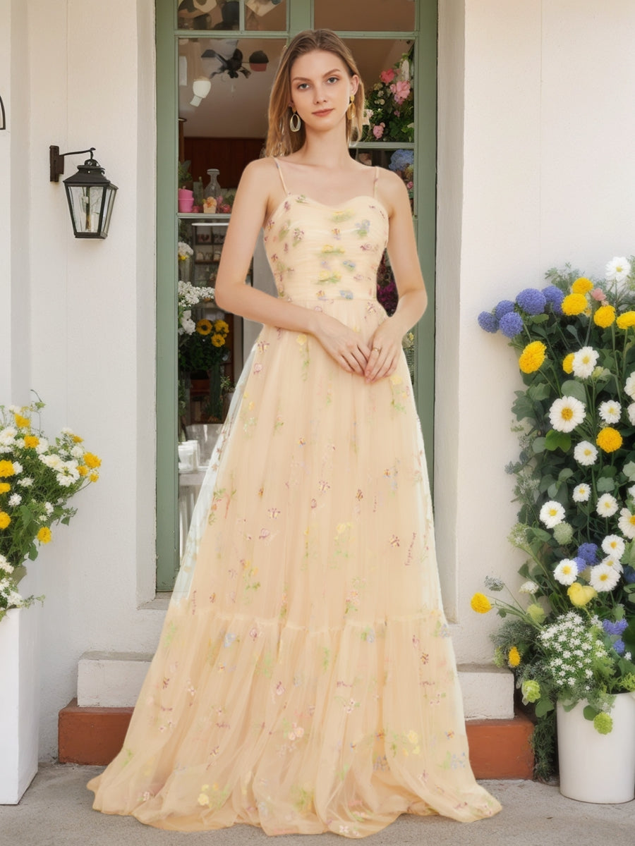 Retro A-Line Tulle Embroidery Long Prom Dresses with Spaghetti Straps