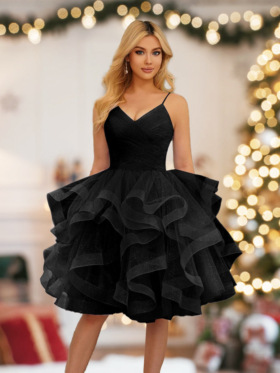 Spaghetti Straps Sleeveless Knee-Length Christmas Dresses with Ruffles