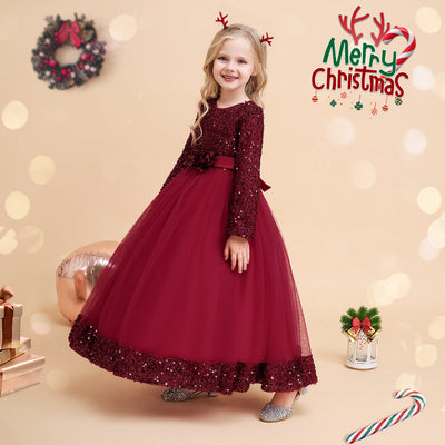 Ball Gown Scoop Long Sleeves Sequined Christmas Dresses for Girls with Appliques & Embroidery