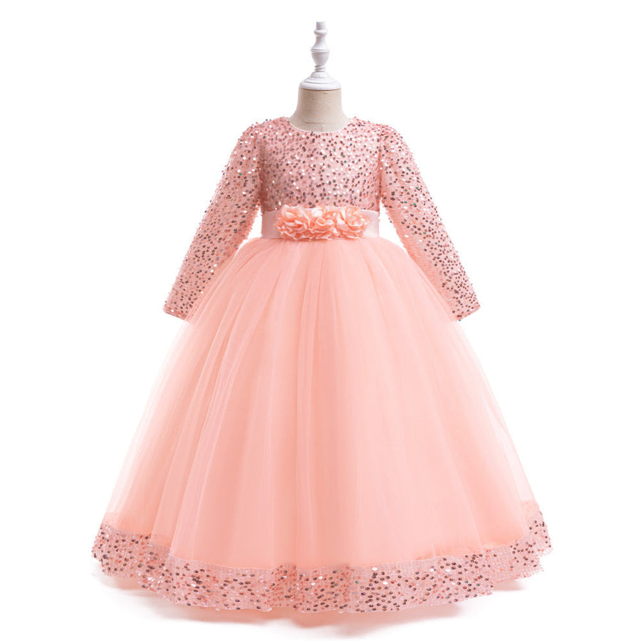 Ball Gown Scoop Long Sleeves Sequined Christmas Dresses for Girls with Appliques & Embroidery