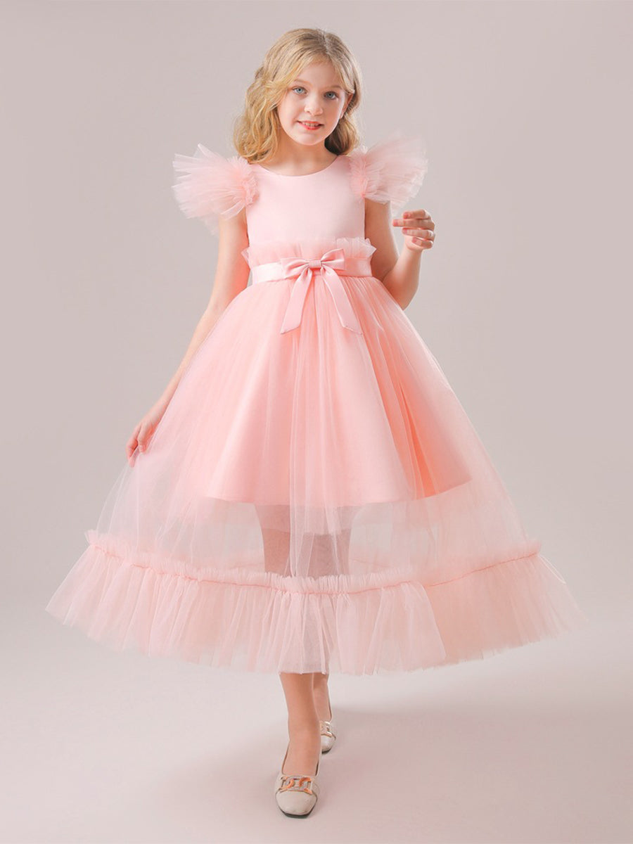 Tulle Scoop Neck Sleeveless Flower Girl Dresses with Pleats & Bow(s)