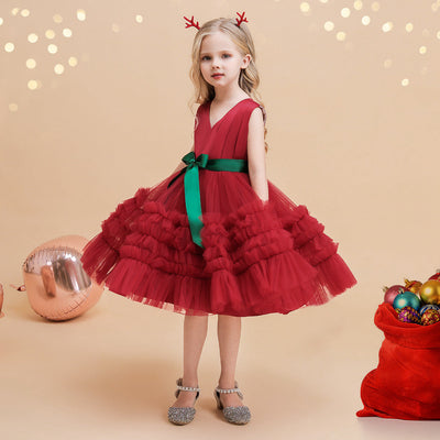 Ball Gown V-Neck Sleeveless Knee-Length Ruched Christmas Dresses for Girls with Belt