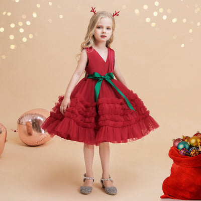 Ball Gown V-Neck Sleeveless Knee-Length Ruched Christmas Dresses for Girls with Belt