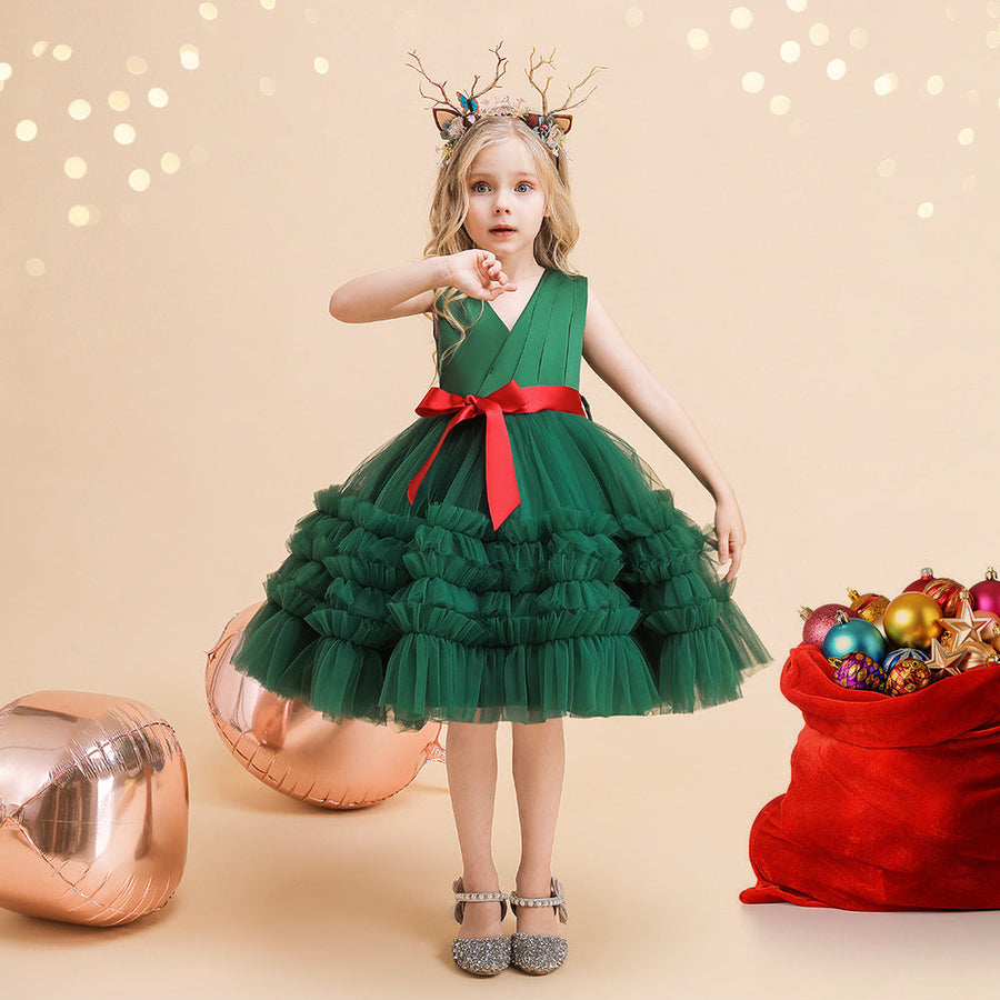 Ball Gown V-Neck Sleeveless Knee-Length Ruched Christmas Dresses for Girls with Belt