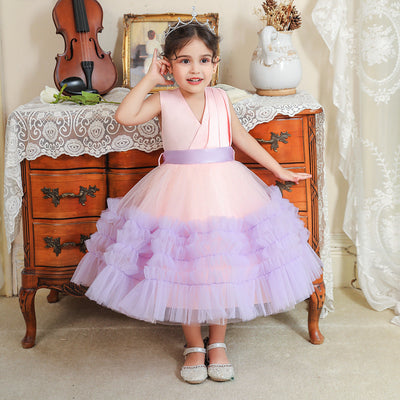 Ball Gown V-Neck Sleeveless Knee-Length Ruched Christmas Dresses for Girls with Belt