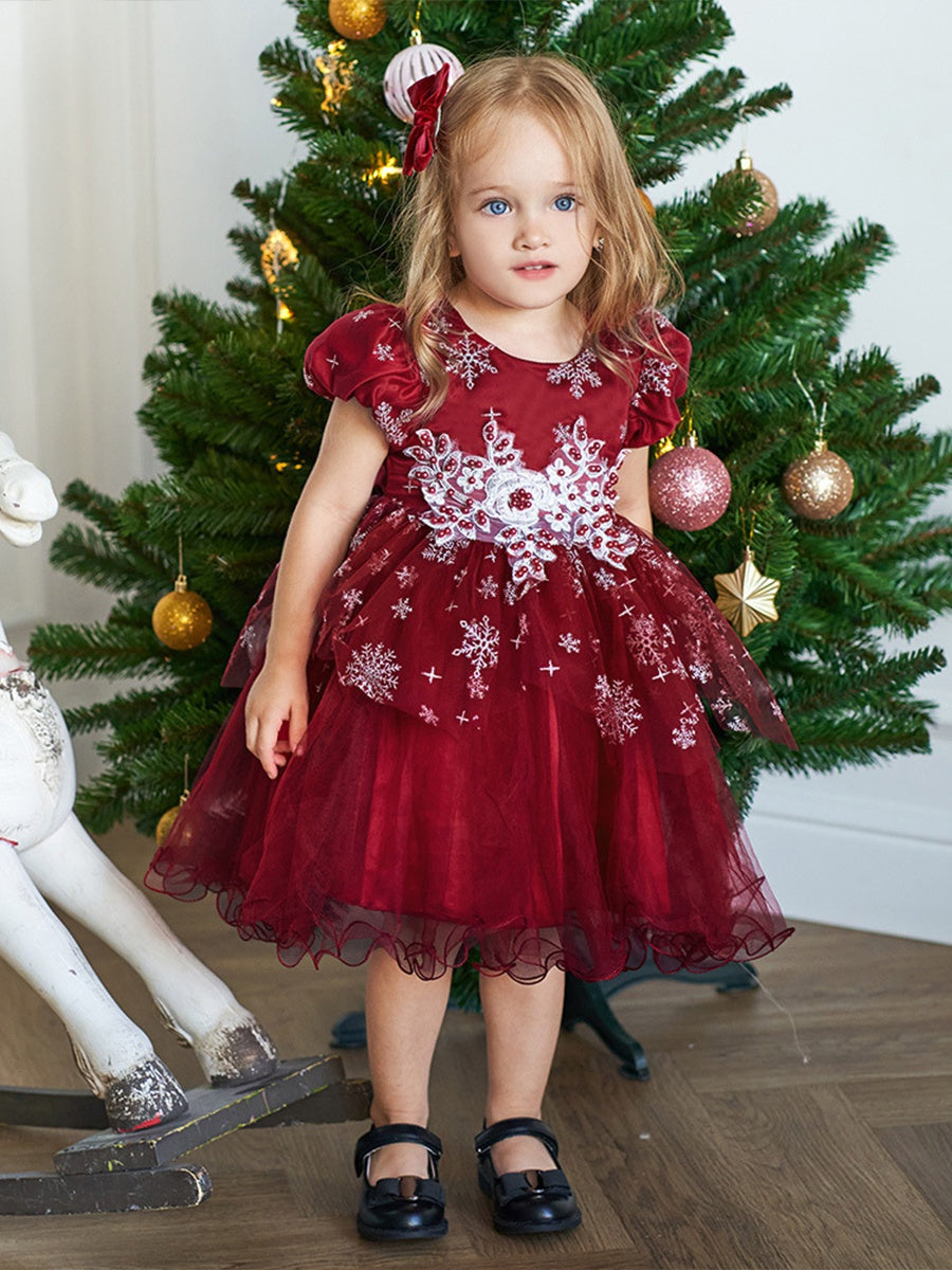 Ball Gown Scoop Short Sleeves Tea-Length Christmas Dresses for Girls with Appliques & Beading